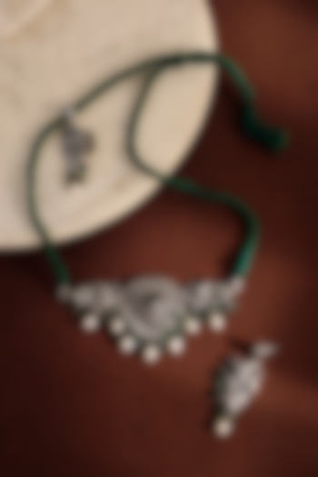 White Finish Onyx & Pearl Peacock Choker Temple Necklace Set In Sterling Silver by Mero at Pernia's Pop Up Shop