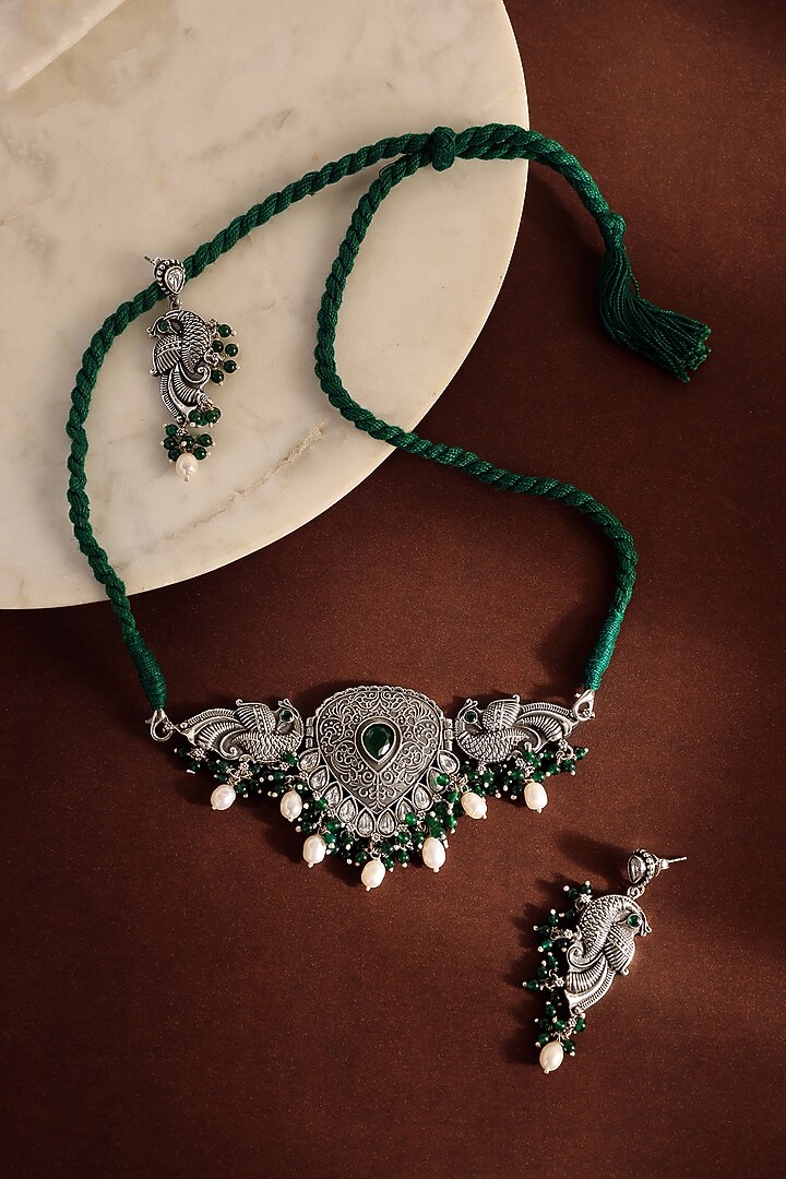 White Finish Onyx & Pearl Peacock Choker Temple Necklace Set In Sterling Silver by Mero at Pernia's Pop Up Shop