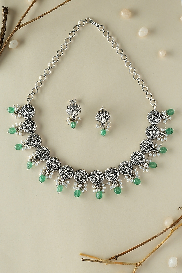 White Finish Onyx & Pearl Floral Temple Necklace Set In Sterling Silver by Mero at Pernia's Pop Up Shop