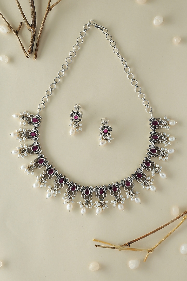 White Finish Onyx & Pearl Temple Necklace Set In Sterling Silver by Mero at Pernia's Pop Up Shop