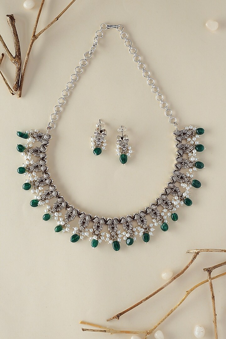 White Finish Onyx & Pearl Temple Necklace Set In Sterling Silver by Mero at Pernia's Pop Up Shop