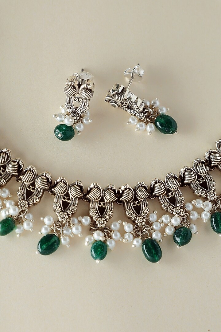 White Finish Onyx & Pearl Temple Necklace Set In Sterling Silver by Mero at Pernia's Pop Up Shop