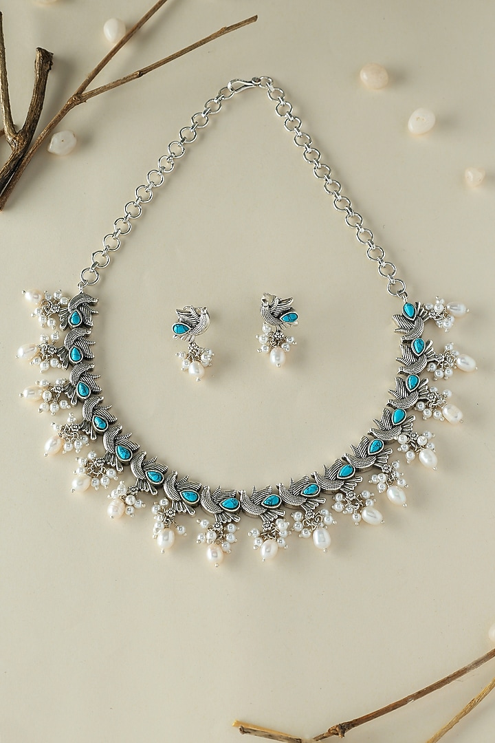 White Finish Turquoise Stone Temple Bird Necklace Set In Sterling Silver by Mero at Pernia's Pop Up Shop