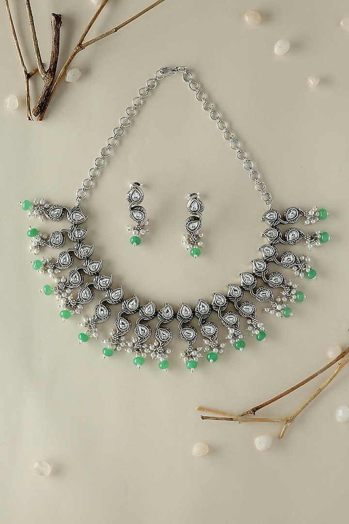 White Finish CZ & Pearl Temple Necklace Set In Sterling Silver by Mero at Pernia's Pop Up Shop
