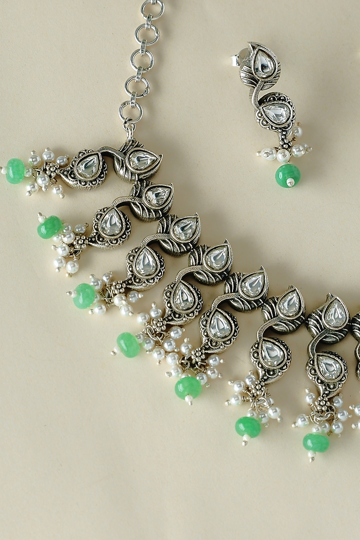 White Finish CZ & Pearl Temple Necklace Set In Sterling Silver by Mero at Pernia's Pop Up Shop