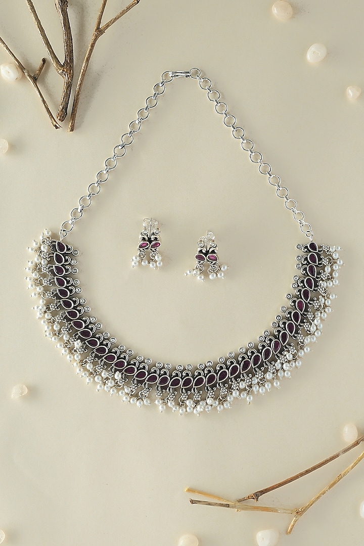 White Finish Onyx & Pearl Temple Necklace Set In Sterling Silver by Mero at Pernia's Pop Up Shop