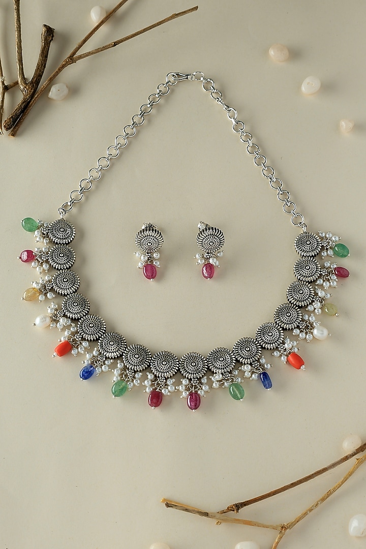 White Finish Onyx & Pearl Temple Necklace Set In Sterling Silver by Mero at Pernia's Pop Up Shop