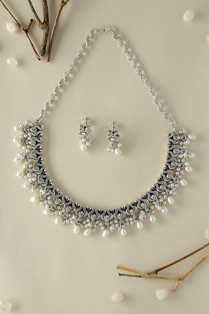 White Finish Onyx & Pearl Temple Bird Necklace Set In Sterling Silver by Mero at Pernia's Pop Up Shop