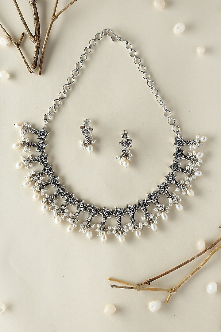 White Finish Onyx & Pearl Temple Floral Necklace Set In Sterling Silver by Mero at Pernia's Pop Up Shop