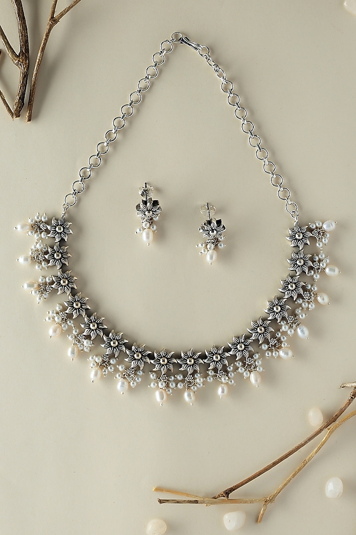 White Finish Onyx & Pearl Temple Floral Necklace Set In Sterling Silver by Mero at Pernia's Pop Up Shop