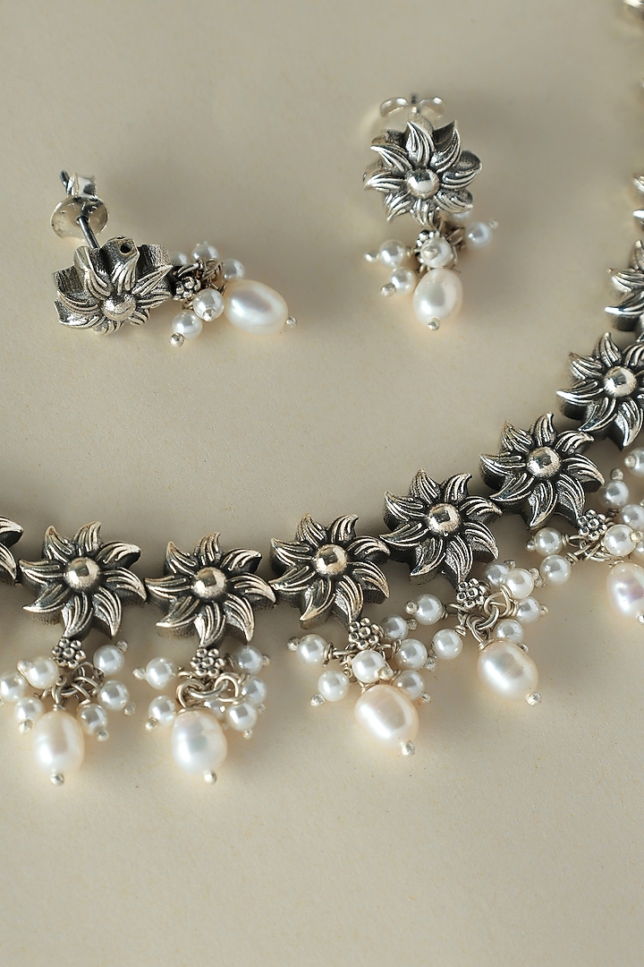 White Finish Onyx & Pearl Temple Floral Necklace Set In Sterling Silver by Mero at Pernia's Pop Up Shop