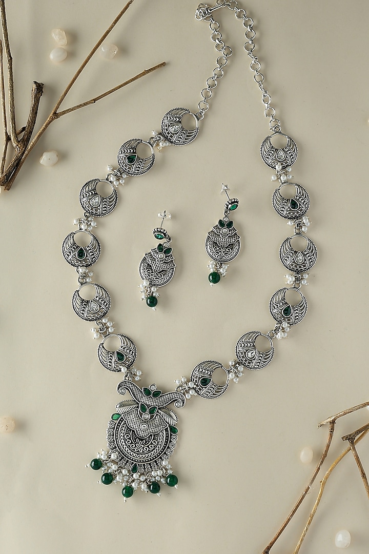 White Finish Onyx & Pearl Temple Long Necklace Set In Sterling Silver by Mero at Pernia's Pop Up Shop