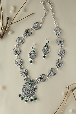 White Finish Onyx & Pearl Temple Long Necklace Set In Sterling Silver by Mero