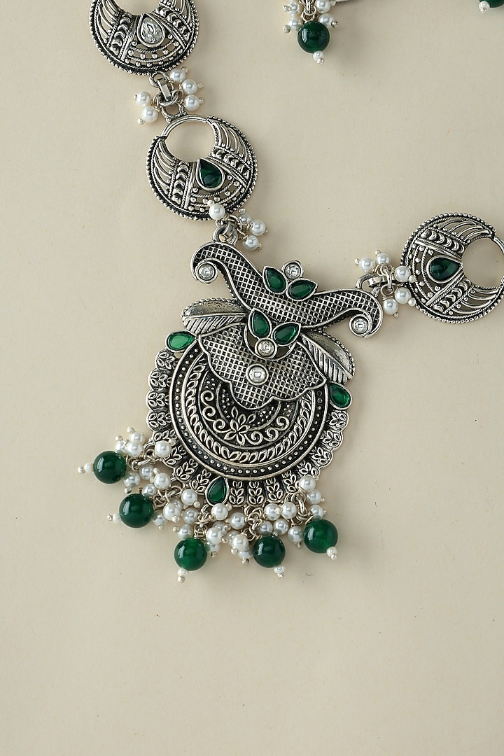 White Finish Onyx & Pearl Temple Long Necklace Set In Sterling Silver by Mero at Pernia's Pop Up Shop