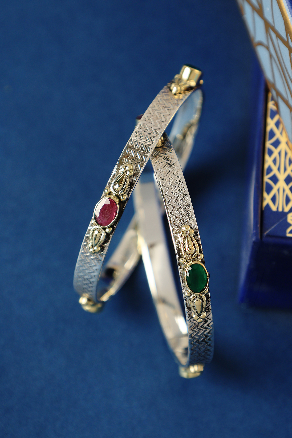Two Tone Finish Ruby Onyx Temple Bangles In Sterling Silver (Set Of 2) by Mero at Pernia's Pop Up Shop