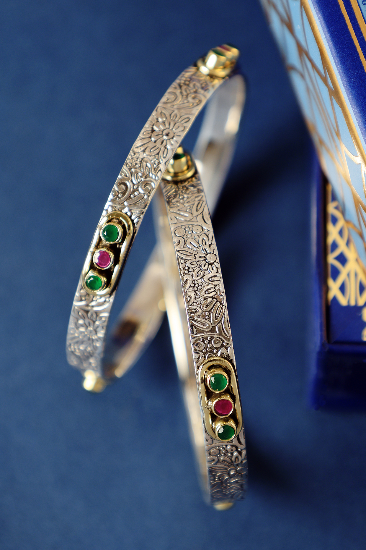 Two Tone Finish Ruby Onyx Temple Bangles In Sterling Silver (Set Of 2) by Mero at Pernia's Pop Up Shop