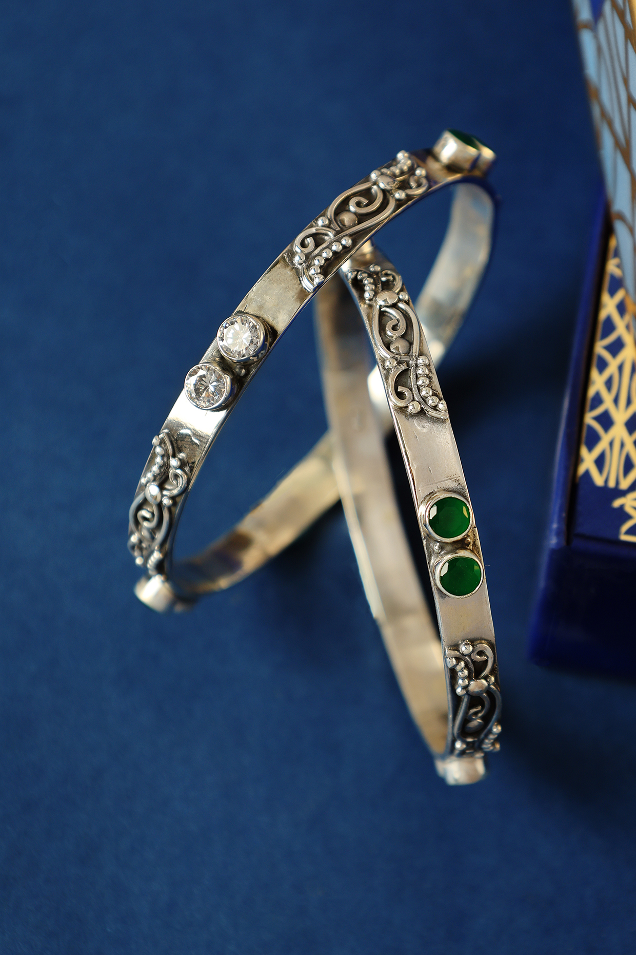 Two Tone Finish CZ & Onyx Temple Bangles In Sterling Silver (Set Of 2) by Mero at Pernia's Pop Up Shop