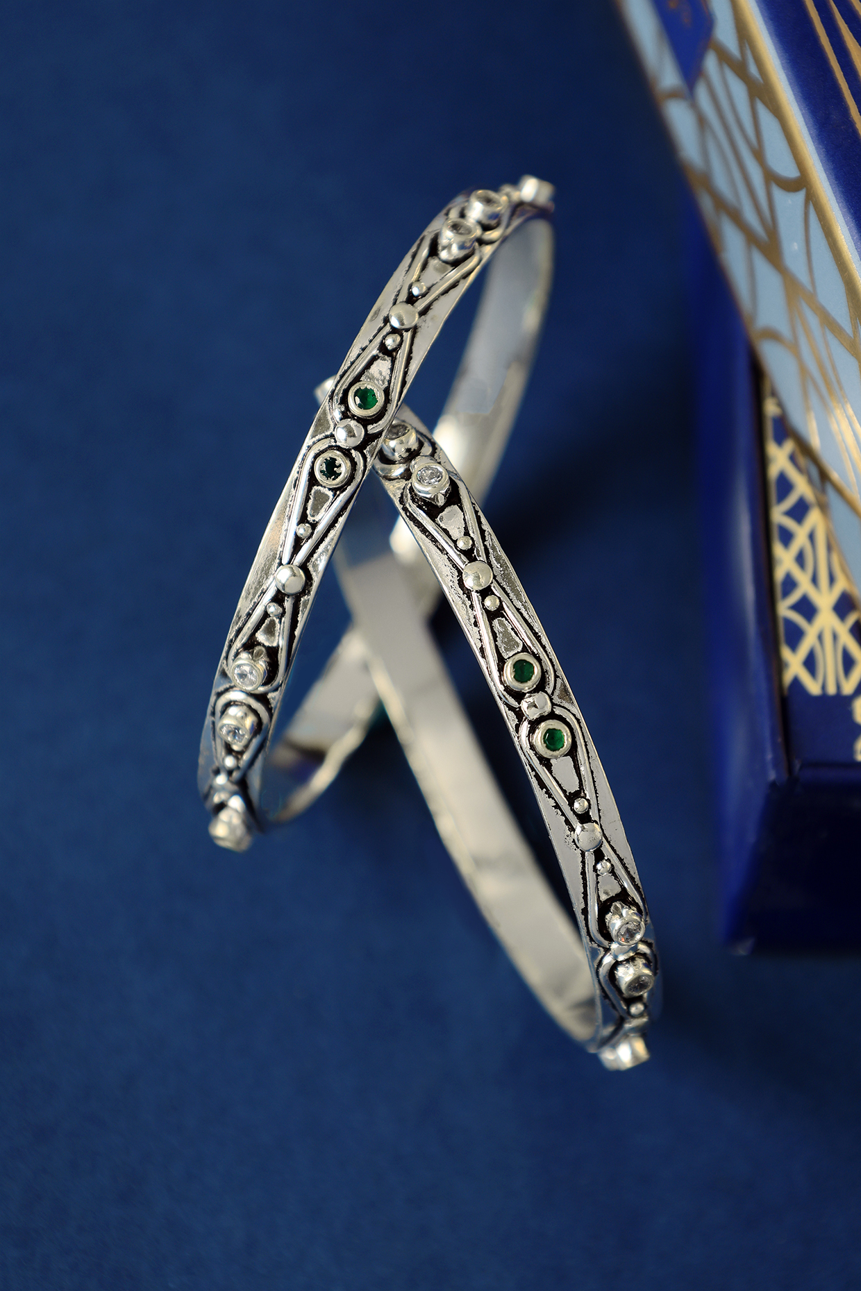 Two Tone Finish CZ & Onyx Temple Bangles In Sterling Silver (Set Of 2) by Mero at Pernia's Pop Up Shop
