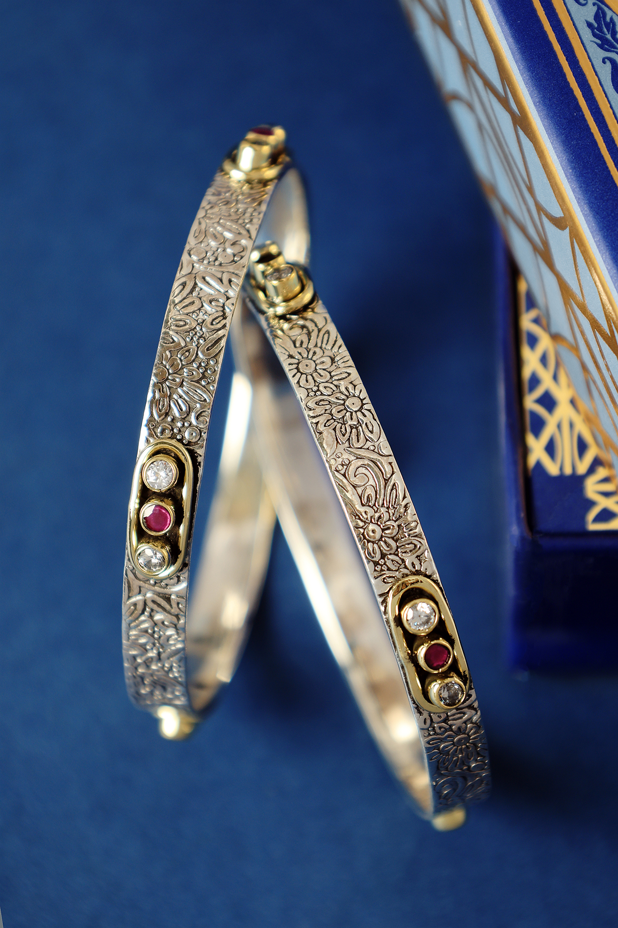 Two Tone Finish Onyx Temple Bangles In Sterling Silver (Set Of 2) by Mero at Pernia's Pop Up Shop