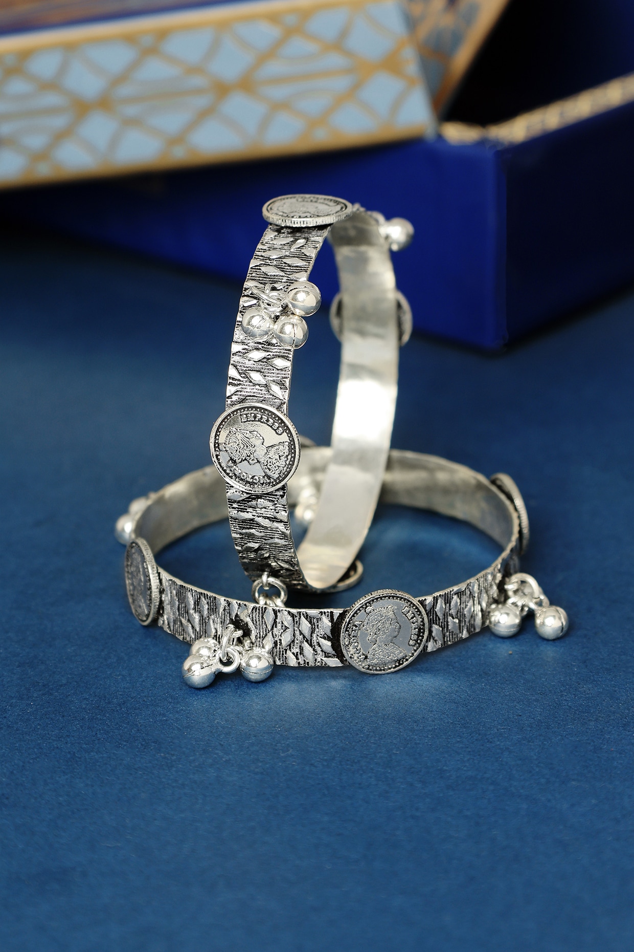 White Finish Temple Ghungroo Bangles In Sterling Silver (Set Of 2) by