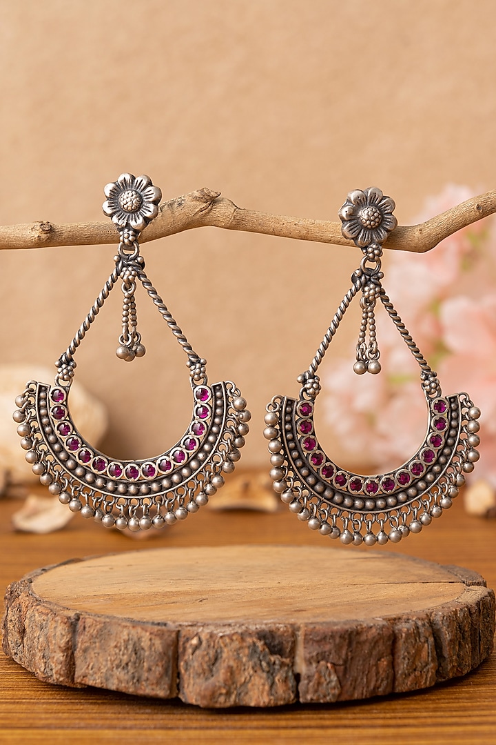 Silver Finish Pink Stone Temple Dangler Earrings In Sterling Silver by Mero