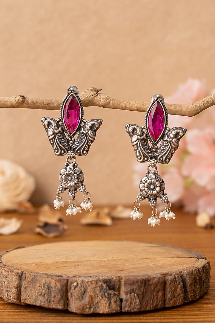 Silver Finish Pink Stone Temple Dangler Earrings In Sterling Silver by Mero at Pernia's Pop Up Shop