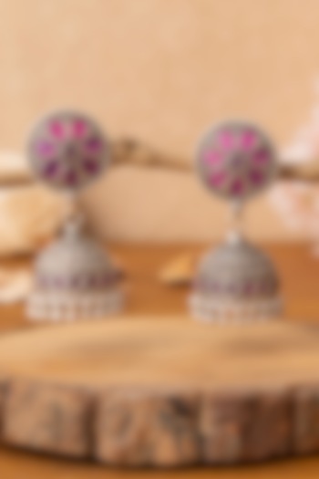 Silver Finish Pink Beaded Jhumka Earrings In Sterling Silver by Mero