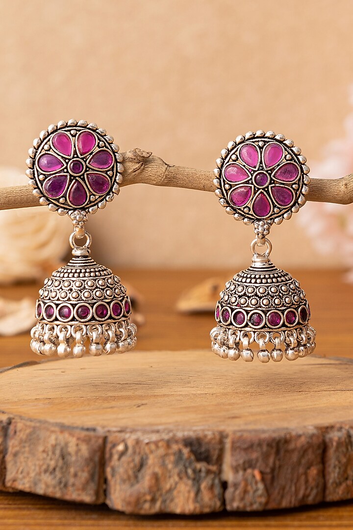 Silver Finish Pink Beaded Jhumka Earrings In Sterling Silver by Mero