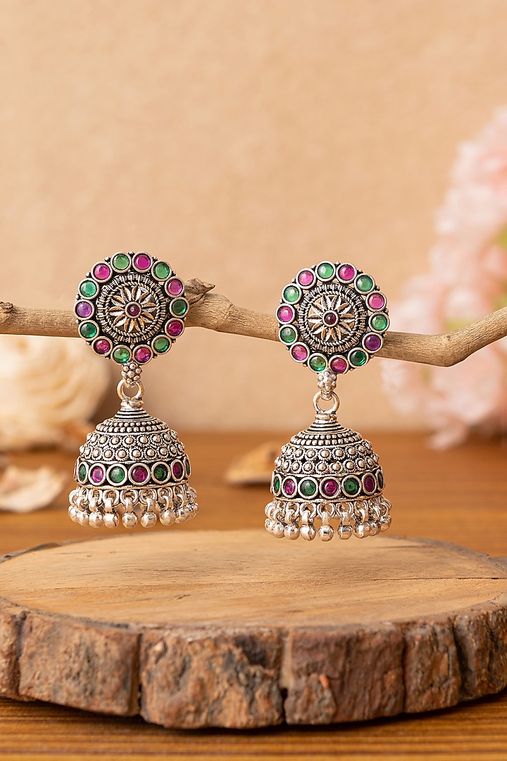 Silver Finish Multi-Colored Beaded Jhumka Earrings In Sterling Silver by Mero