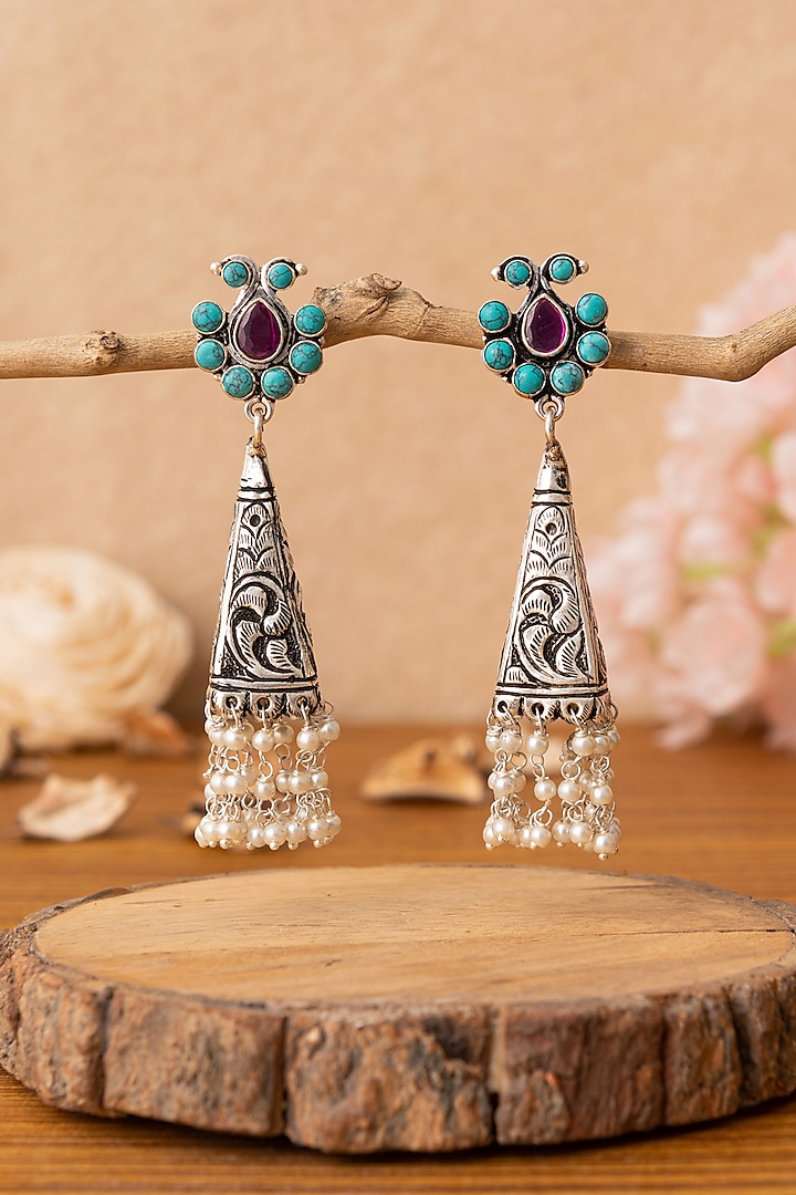 Silver Finish Turquoise Beaded Dangler Earrings In Sterling Silver by Mero