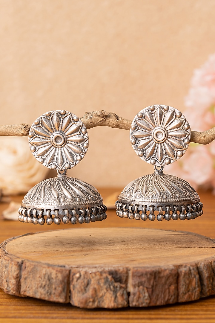 Silver Finish Beaded Jhumka Earrings In Sterling Silver by Mero