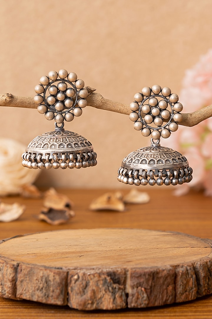 Silver Finish Beaded Jhumka Earrings In Sterling Silver by Mero