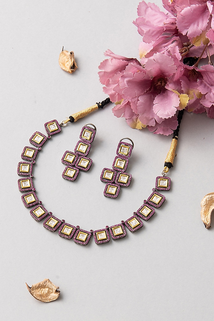 Gold Finish Kundan Polki Necklace Set In Sterling Silver by Mero at Pernia's Pop Up Shop