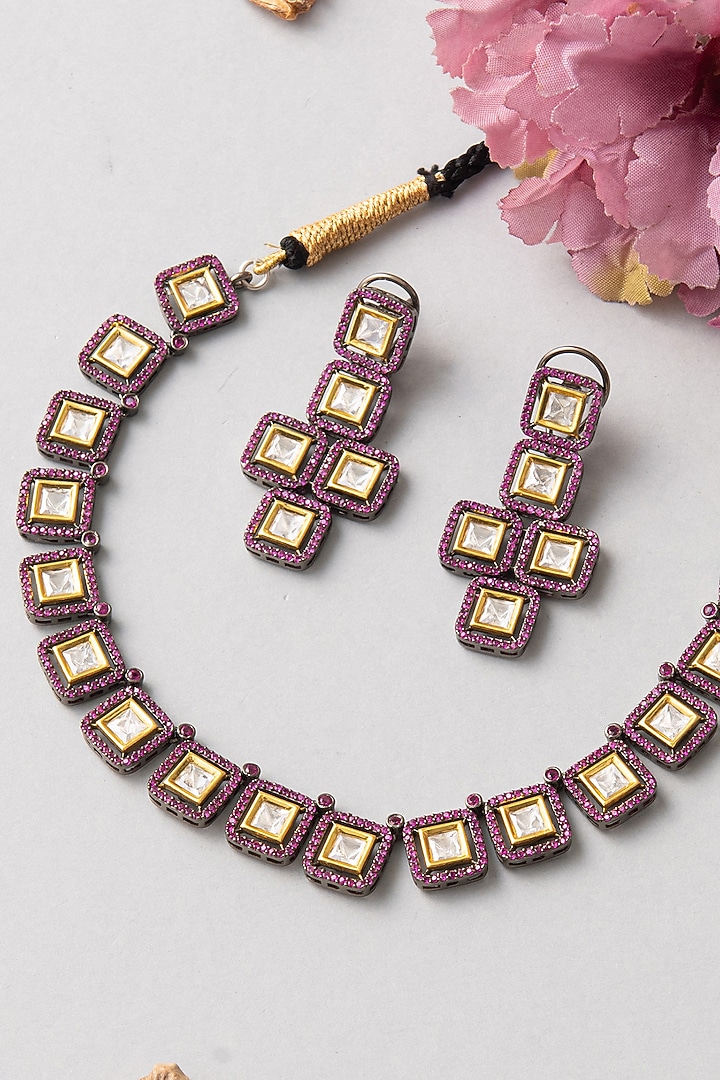 Gold Finish Kundan Polki Necklace Set In Sterling Silver by Mero at Pernia's Pop Up Shop