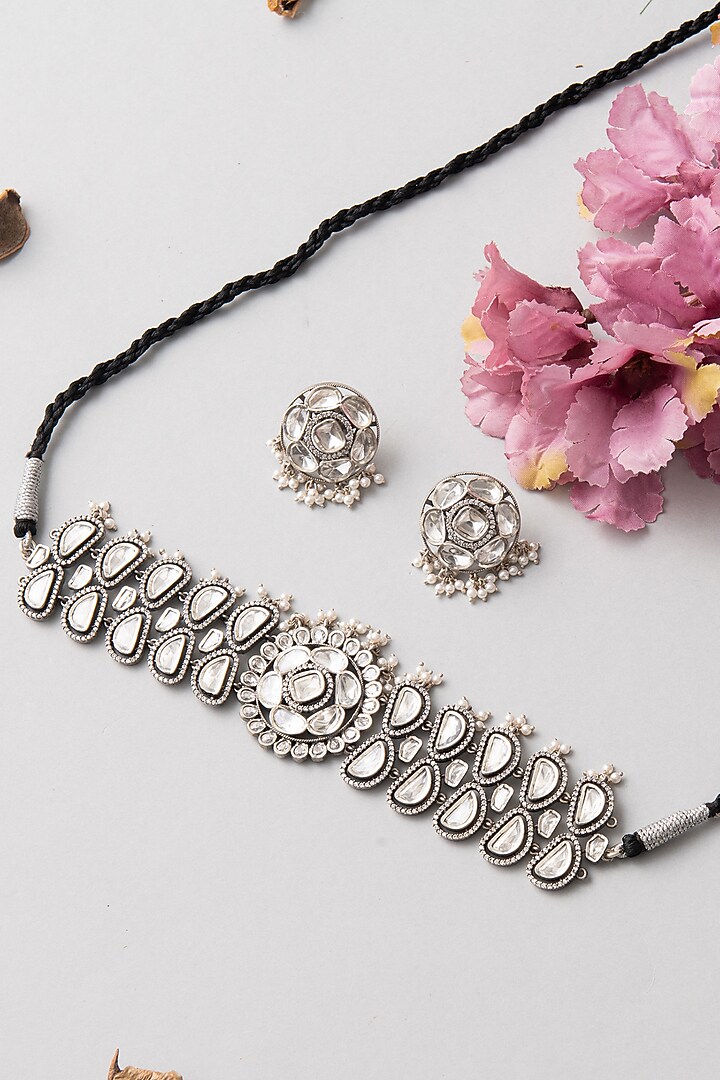 White Finish Kundan Polki Necklace Set In Sterling Silver by Mero at Pernia's Pop Up Shop