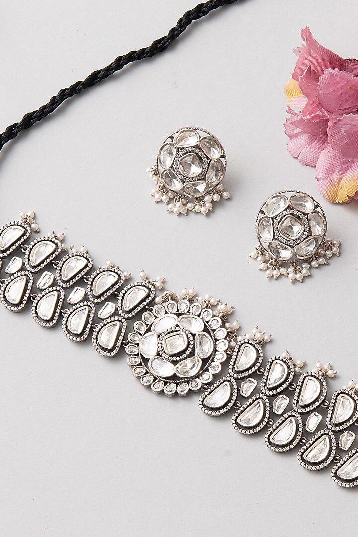 White Finish Kundan Polki Necklace Set In Sterling Silver by Mero at Pernia's Pop Up Shop