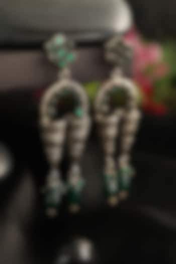 White Finish Green Onyx Temple Dangler Earrings In Sterling Silver by Mero