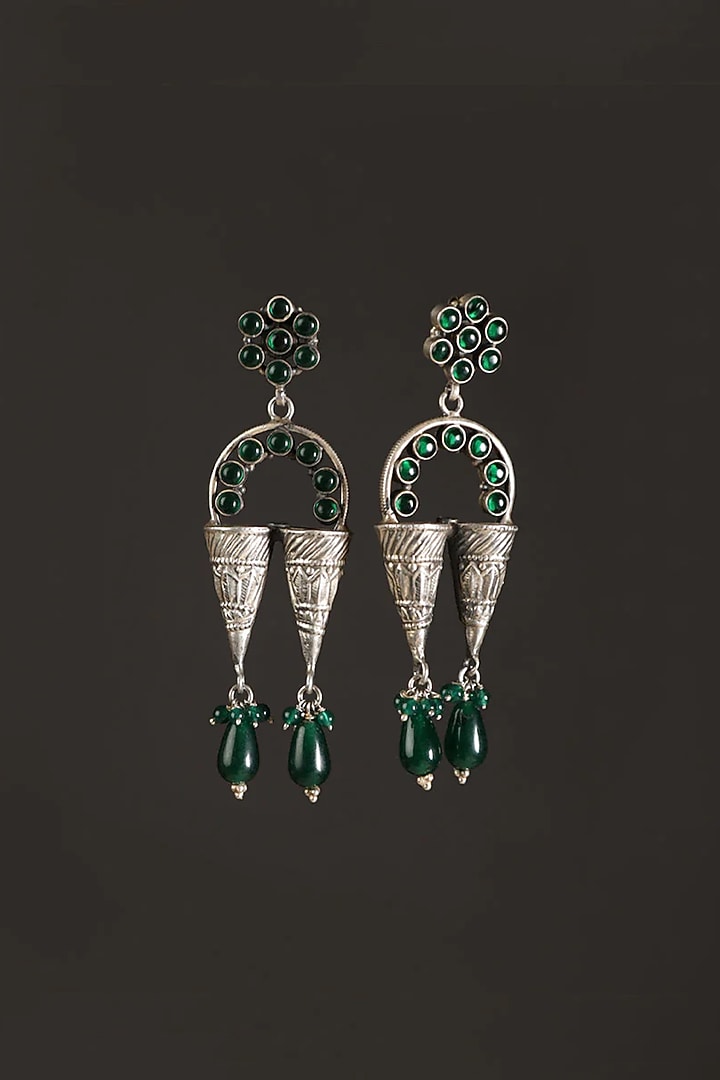 White Finish Green Onyx Temple Dangler Earrings In Sterling Silver by Mero at Pernia's Pop Up Shop