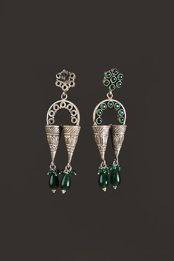 White Finish Green Onyx Temple Dangler Earrings In Sterling Silver by Mero at Pernia's Pop Up Shop
