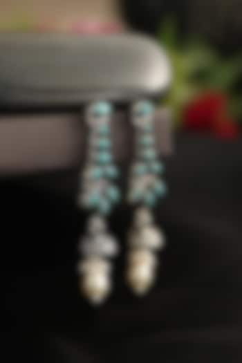 White Finish Turquoise Stone & Pearl Dangler Earrings In Sterling Silver by Mero