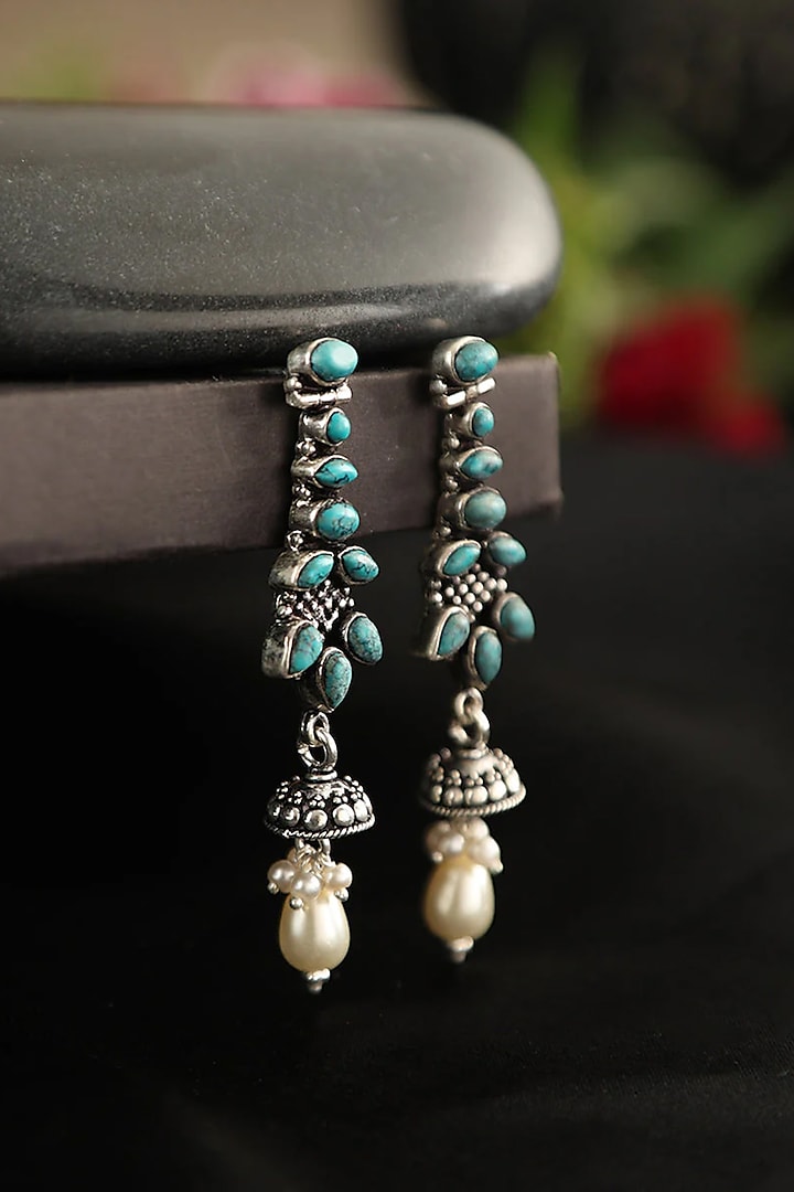 White Finish Turquoise Stone & Pearl Dangler Earrings In Sterling Silver by Mero