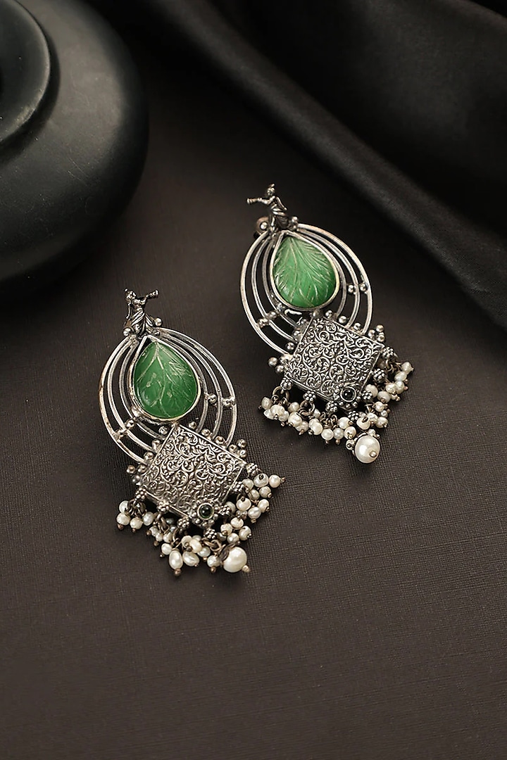 White Finish Green Jade Stone Temple Dangler Earrings In Sterling Silver by Mero
