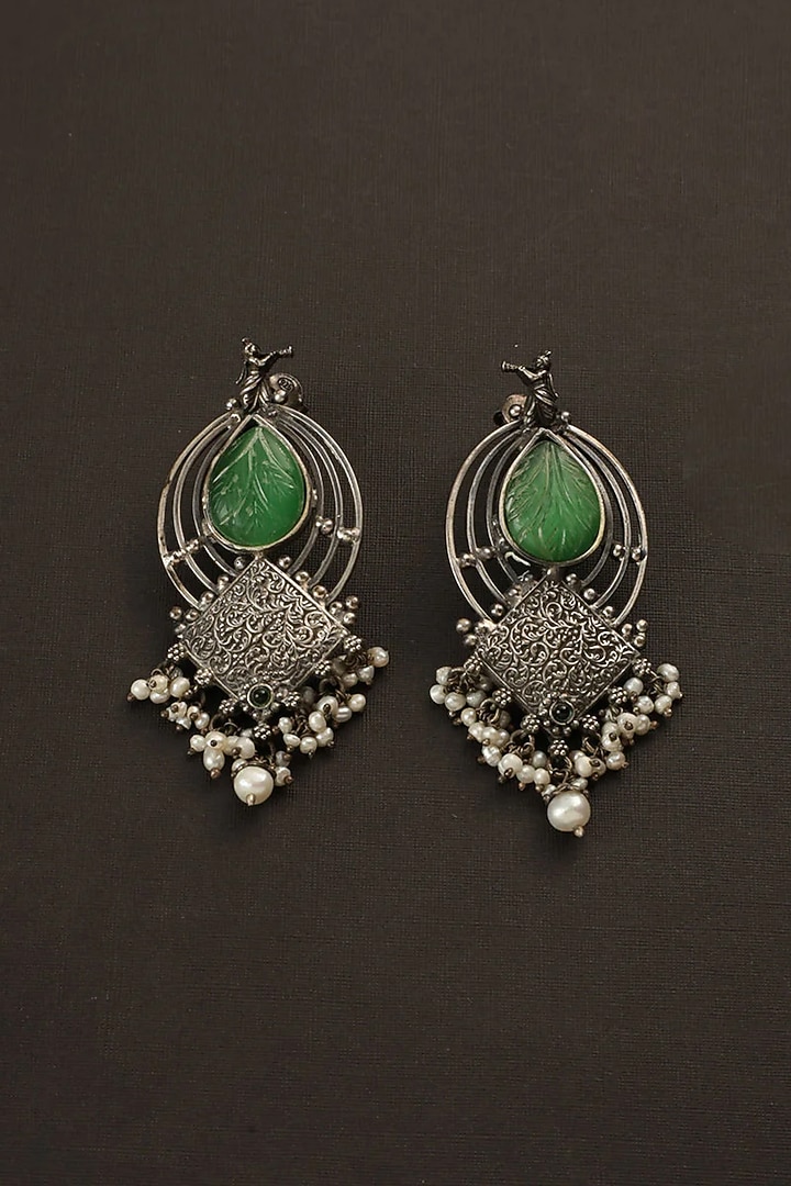 White Finish Green Jade Stone Temple Dangler Earrings In Sterling Silver by Mero at Pernia's Pop Up Shop
