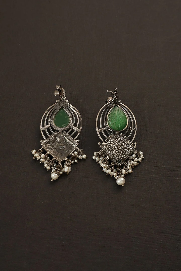 White Finish Green Jade Stone Temple Dangler Earrings In Sterling Silver by Mero at Pernia's Pop Up Shop