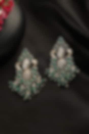 White Finish Green Onyx Stone Temple Dangler Earrings In Sterling Silver by Mero