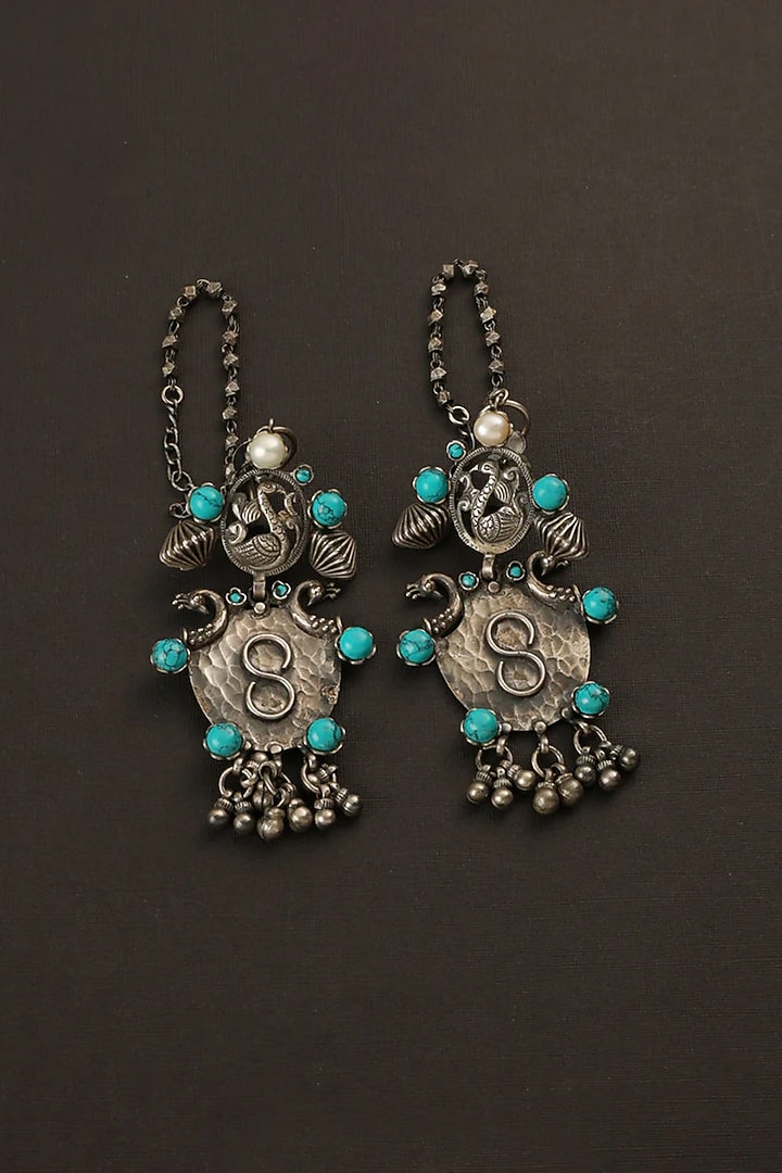 White Finish Turquoise Stone Dangler Earrings In Sterling Silver by Mero at Pernia's Pop Up Shop