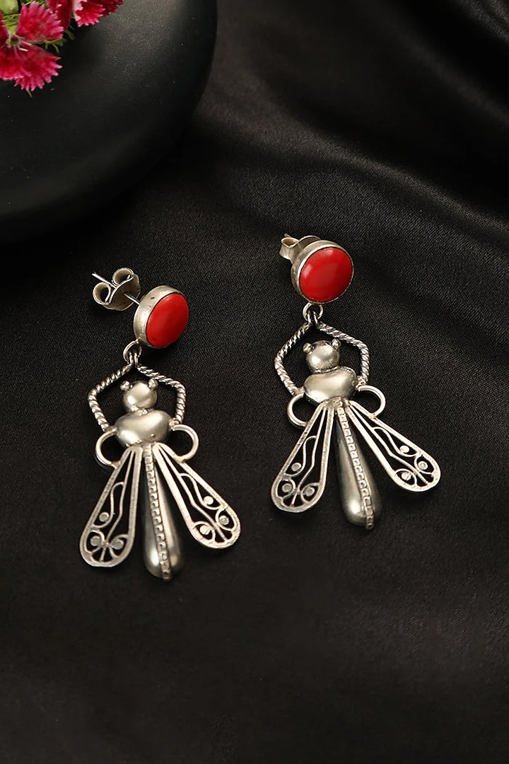 Two Tone Finish Coral Stone Beetle Dangler Earrings In Sterling Silver by Mero at Pernia's Pop Up Shop