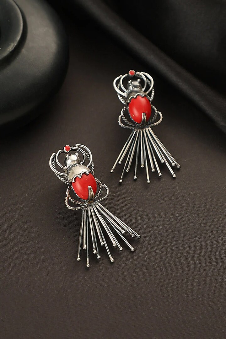 White Finish Coral Stone Bug Dangler Earrings In Sterling Silver by Mero at Pernia's Pop Up Shop