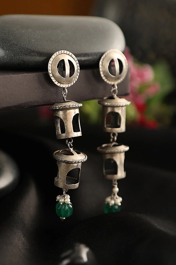 White Finish Green Onyx Dangler Earrings In Sterling Silver by Mero at Pernia's Pop Up Shop