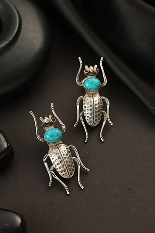 White Finish Turquoise Stone Bug Dangler Earrings In Sterling Silver by Mero